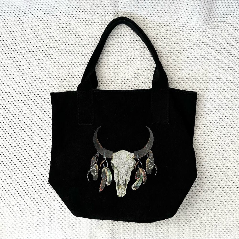 Vimoda Paris Black Soft Raw Leather Open Tote Bull Skull Feathers Boho Flowers